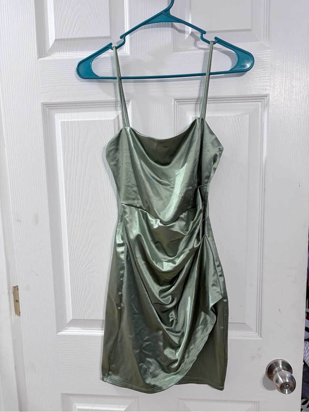 Windsor Sage Green Satin Cowl Neck Ruched Bodycon Mini Dress
